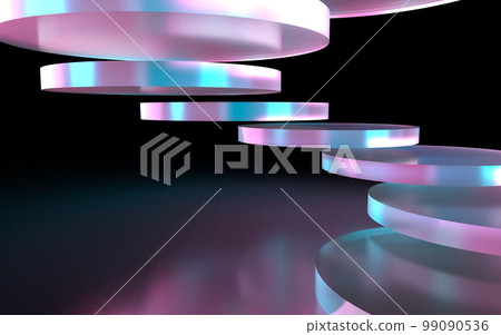 在黑暗中閃耀著彩虹色的玻璃板的 3D 插圖 99090536