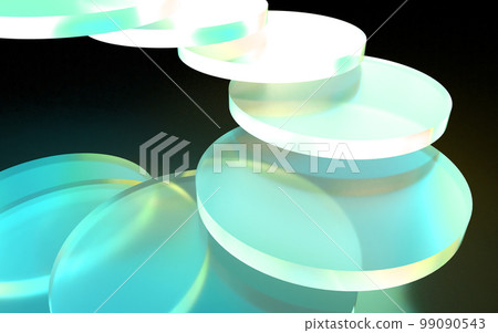 在黑暗中閃耀著彩虹色的玻璃板的 3D 插圖 99090543