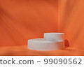 Minimal stage for a modern product display on a white podium cilinre on an orange background. 99090562