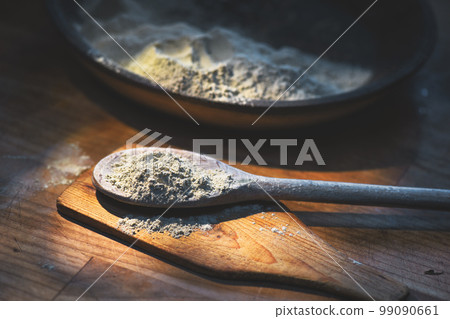 Some green clay in a wooden spoon Some green clay in a wooden spoon 99090661
