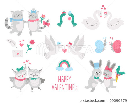Vector collection of cute animal pairs. Loving couples illustration. Love relationship or family concepts set. Hugging swans, cats, rabbits, owls, doves, caterpillars. Valentines day characters 99090879