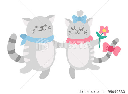 Vector cute cats pair. Loving animal couple illustration. Love relationship or family concept. Hugging kittens isolated on white background. Funny Valentines day characters. 99090880