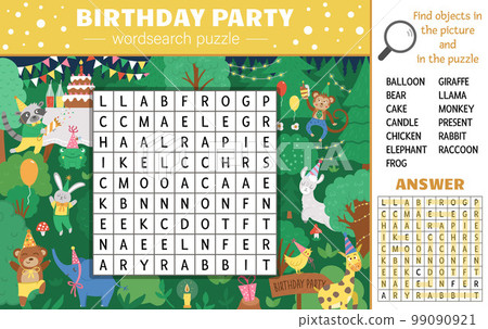 Vector Birthday party wordsearch puzzle for kids. Simple crossword with holiday scene in forest and hiding animals for children. Educational keyword activity with cute funny characters 99090921