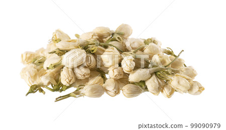 Dry jasmine flowers isolated on white background. Jasmine flowers tea. Herbal tea. Clipping path. Dry jasmine flowers isolated on white background. Jasmine flowers tea. Herbal tea. Clipping path. 99090979