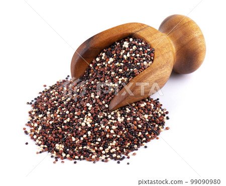 Quinoa seeds in wooden scoop, isolated on white background. Mix of white, red and black quinoa. Quinoa seeds in wooden scoop, isolated on white background. Mix of white, red and black quinoa. 99090980