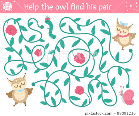 Saint Valentine day maze for children. Holiday preschool printable educational activity. Funny game with birds. Romantic puzzle with love theme. Help the owl find his pair 99091236