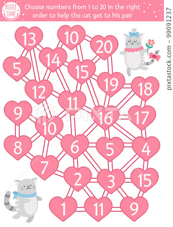 Saint Valentine day counting maze for children. Holiday preschool printable educational activity. Funny math game with cute cats couple and love theme. Choose numbers from 1 to 20 in the right order 99091237