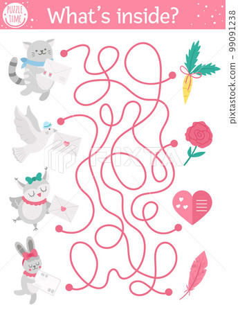Saint Valentine day maze for children. Holiday preschool printable educational activity. Funny game with cute animals. Romantic puzzle with love theme. What is inside the letters Saint Valentine day maze for children. Holiday preschool printable educational activity. Funny game with cute animals. Romantic puzzle with love theme. What is inside the letters 99091238