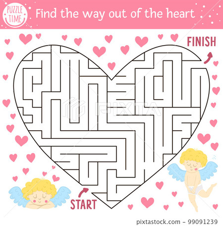 Saint Valentine day maze for children in heart shape. Holiday preschool printable educational activity. Funny game with cute cupids. Romantic puzzle with love theme. Find the way out of the heart. Saint Valentine day maze for children in heart shape. Holiday preschool printable educational activity. Funny game with cute cupids. Romantic puzzle with love theme. Find the way out of the heart. 99091239