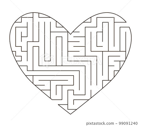 Vector heart shaped maze template. Blank black and white labyrinth isolated on white background. Preschool printable educational activity or game sample. Saint Valentine day puzzle Vector heart shaped maze template. Blank black and white labyrinth isolated on white background. Preschool printable educational activity or game sample. Saint Valentine day puzzle 99091240