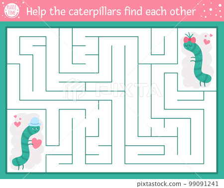 Saint Valentine day maze for children. Holiday preschool printable educational activity. Funny game with insects. Romantic puzzle with love theme. Help the caterpillars find each other 99091241