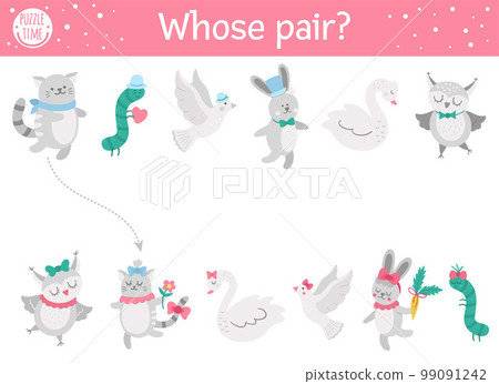 Saint Valentine day matching activity for children. Fun puzzle with cute animal couples. Holiday celebration educational game, printable worksheet for kids with love theme. Whose pair? 99091242