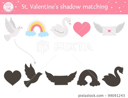 Saint valentine day shadow matching activity for children. Fun puzzle with cute holiday symbols. Educational game for kids with love theme. Find the correct silhouette printable worksheet. 99091243