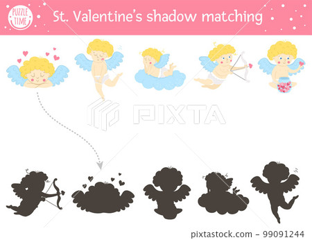 Saint valentine day shadow matching activity for children. Fun puzzle with cute holiday symbols. Educational game for kids with cupids and love theme. Find the correct silhouette worksheet. 99091244