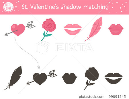 Saint valentine day shadow matching activity for children. Fun puzzle with cute holiday symbols. Educational game for kids with love theme. Find the correct silhouette printable worksheet. 99091245