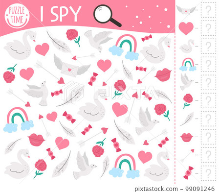 Saint Valentine day I spy game for kids. Searching and counting activity for preschool children with traditional holiday objects. Funny party printable worksheet with love theme. Spotting puzzle. 99091246