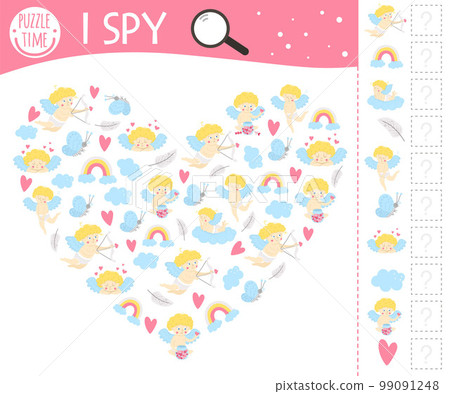 Saint Valentine day I spy game for kids. Searching and counting activity for preschool children with cute cupids. Funny party printable worksheet with love theme. Holiday heart shaped spotting 99091248