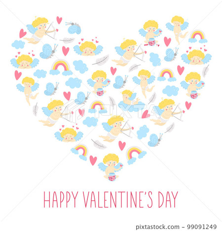 Vector heart shaped frame with Saint Valentines day characters. Traditional love concept clipart. Funny design for banners, posters, invitations. Cute romantic February holiday card template with 99091249