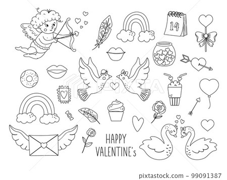 Vector set of outline Saint Valentines day symbols. Collection of cute black and white characters and objects with love concept. Cupid, doves, hearts and swans isolated on white background. 99091387