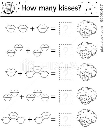 Saint Valentine day black and white counting game with kisses and cupid. Holiday activity for preschool children with love theme. Educational printable math worksheet. Addition outline puzzle Saint Valentine day black and white counting game with kisses and cupid. Holiday activity for preschool children with love theme. Educational printable math worksheet. Addition outline puzzle 99091407