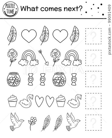 What comes next. Valentine day black and white matching activity for preschool children with traditional holiday symbols. Funny educational puzzle. Logical game worksheet. Continue the row. 99091409