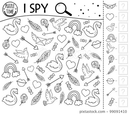 Saint Valentine day black and white I spy game for kids. Searching and counting activity for preschool children or holiday coloring page. Funny party printable worksheet with love theme. 99091410