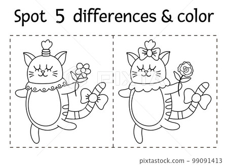 Saint Valentine day find differences game for children. Holiday black and white educational activity and coloring page with funny cat with flower. Printable worksheet with cute animal. 99091413