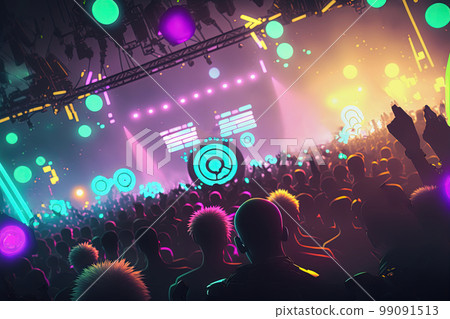 Silhouette of people raise hand up in concert or music festival, crowd of fans, rock concert, night club. AI Silhouette of people raise hand up in concert or music festival, crowd of fans, rock concert, night club. AI 99091513