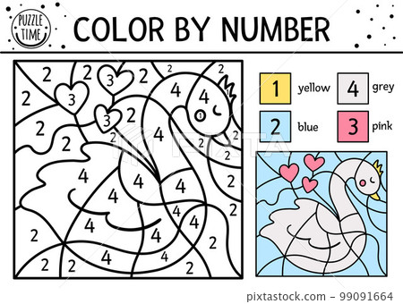 Vector Saint Valentine day color by number activity with swan and hearts. February holiday coloring and counting game with cute bird. Funny coloration page for kids with love symbol. 99091664