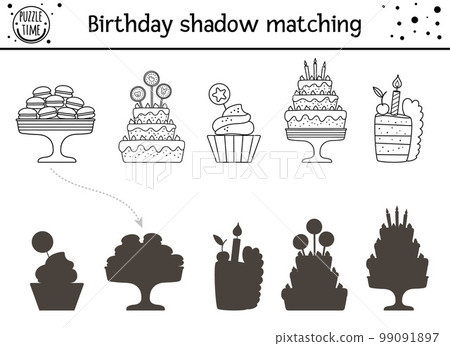 Birthday shadow matching activity for children. Fun puzzle with cute party desserts. Holiday celebration educational game for kids with cakes and candles. Find correct silhouette printable worksheet. 99091897