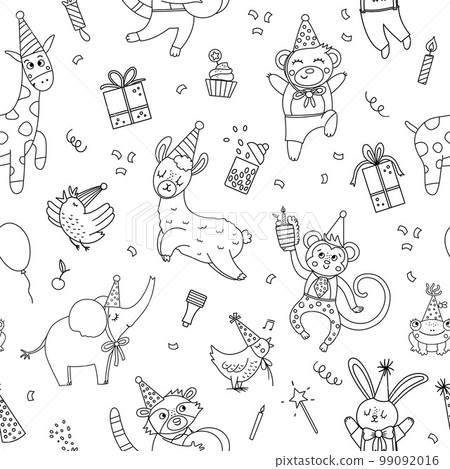 Vector black and white seamless pattern with animals in party hats. Birthday party celebration repeating background. Vector holiday digital paper with line present, cake with candles, balloon. 99092016