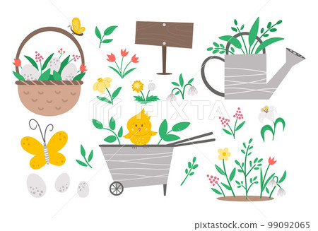 Vector cute garden and Easter icons pack. Wheel barrow, watering can, eggs, first flowers and plants isolated on white background. Flat spring gardening tool illustration for kids. 99092065