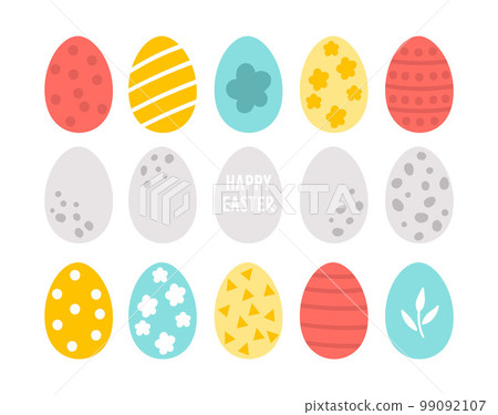 Vector Easter colored eggs set. Spring flat decorative elements. Holiday icons collection isolated on white background 99092107