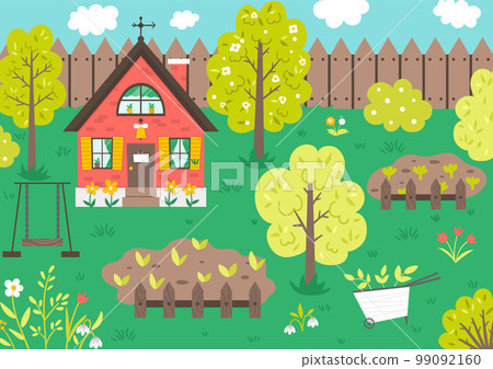 Vector garden scene with trees, country house, vegetable beds, flowers, swing. Spring gardening scenery. Cute cottage illustration. Rural landscape. Farm living concept 99092160