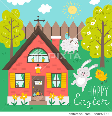 Vector square happy Easter greeting card template with bunny, chick and sheep. Garden scene with cute country house and animals. Spring gardening scenery. Holiday illustration with rabbit Vector square happy Easter greeting card template with bunny, chick and sheep. Garden scene with cute country house and animals. Spring gardening scenery. Holiday illustration with rabbit 99092162