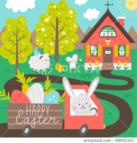 Vector square happy Easter greeting card template with bunny driving the car with eggs and carrots to country house. Garden scene with cute animals. Spring gardening scenery. Holiday illustration Vector square happy Easter greeting card template with bunny driving the car with eggs and carrots to country house. Garden scene with cute animals. Spring gardening scenery. Holiday illustration 99092163