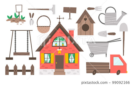 Vector garden icons set. Collection of gardening equipment, tools, country house, car. Flat spring illustration of spade, shovel, rakes isolated on white background. Farm living concept pack Vector garden icons set. Collection of gardening equipment, tools, country house, car. Flat spring illustration of spade, shovel, rakes isolated on white background. Farm living concept pack 99092166