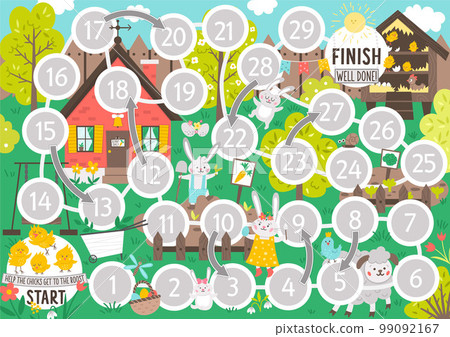 Easter dice board game for children with cute bunnies in the garden. Educational holiday boardgame with chicks, colored eggs, country cottage. Spring educational activity. Printable worksheet Easter dice board game for children with cute bunnies in the garden. Educational holiday boardgame with chicks, colored eggs, country cottage. Spring educational activity. Printable worksheet 99092167
