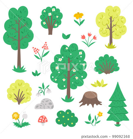 Vector set with garden or forest trees, plants, shrubs, bushes, flowers isolated on white background. Flat spring woodland or farm illustration. Natural greenery icons collection 99092168