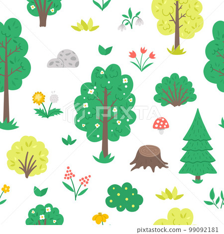 Vector seamless pattern with garden or forest trees, plants, shrubs, bushes, flowers. Flat spring woodland or farm repeating background. Natural greenery digital paper 99092181