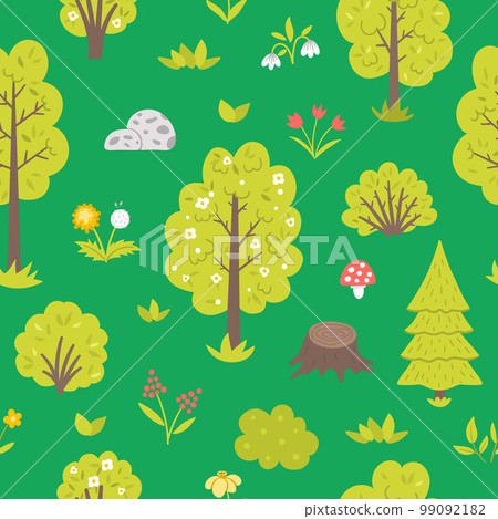 Vector seamless pattern with garden or forest trees, plants, shrubs, bushes, flowers. Flat spring woodland or farm green repeating background. Natural greenery digital paper Vector seamless pattern with garden or forest trees, plants, shrubs, bushes, flowers. Flat spring woodland or farm green repeating background. Natural greenery digital paper 99092182