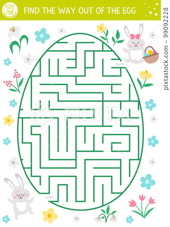 Easter maze for children with cute bunnies in egg shape. Holiday preschool printable activity. Funny spring garden game or puzzle with animals and flowers. Find the way out of the egg. Easter maze for children with cute bunnies in egg shape. Holiday preschool printable activity. Funny spring garden game or puzzle with animals and flowers. Find the way out of the egg. 99092228