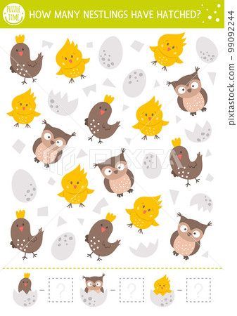 Easter counting game with cute little birds. Spring math activity for preschool children. Simple printable worksheet with funny owl, chick, egg. Educational puzzle for kids. How many nestlings 99092244