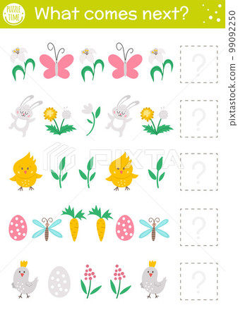 What comes next. Easter matching activity for preschool children with traditional holiday symbols. Funny educational puzzle. Logical worksheet. Continue the row. Simple spring game for kids What comes next. Easter matching activity for preschool children with traditional holiday symbols. Funny educational puzzle. Logical worksheet. Continue the row. Simple spring game for kids 99092250