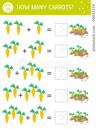 Easter counting game with carrots. Holiday activity for preschool children with garden theme. Educational spring printable math worksheet. Addition puzzle for kids 99092254