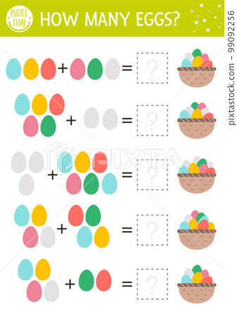 Easter counting game with colored eggs and basket. Holiday activity for preschool children. Educational spring printable math worksheet. Addition puzzle for kids Easter counting game with colored eggs and basket. Holiday activity for preschool children. Educational spring printable math worksheet. Addition puzzle for kids 99092256