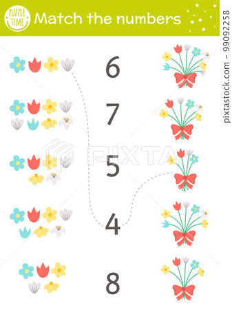 Easter matching game with bouquet of spring flowers. Holiday math activity for preschool children with plants. Educational printable counting worksheet with cute funny elements for kids 99092258