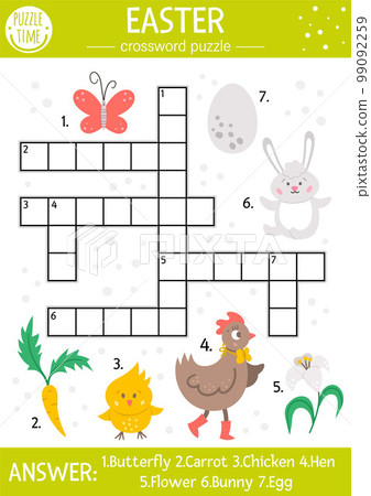 Vector Easter crossword puzzle for kids. Simple spring quiz with holiday objects and animals for children. Educational activity with traditional symbols and garden theme Vector Easter crossword puzzle for kids. Simple spring quiz with holiday objects and animals for children. Educational activity with traditional symbols and garden theme 99092259