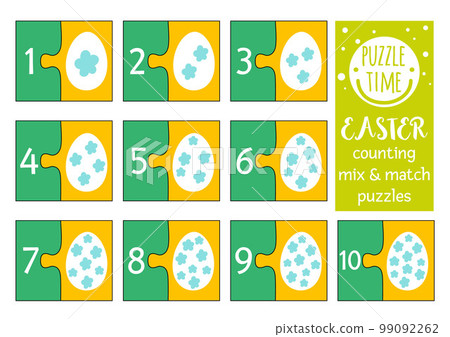 Vector spring Easter mix and match puzzle with traditional holiday symbols. Matching math activity for preschool children. Educational printable counting game for kids with decorated eggs 99092262