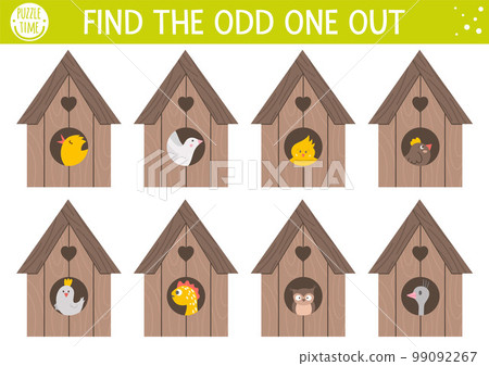 Easter find odd one out activity for children with nestlings in bird houses. Fun spring puzzle with cute little birds in starling. Holiday celebration educational game, printable worksheet for kids. Easter find odd one out activity for children with nestlings in bird houses. Fun spring puzzle with cute little birds in starling. Holiday celebration educational game, printable worksheet for kids. 99092267